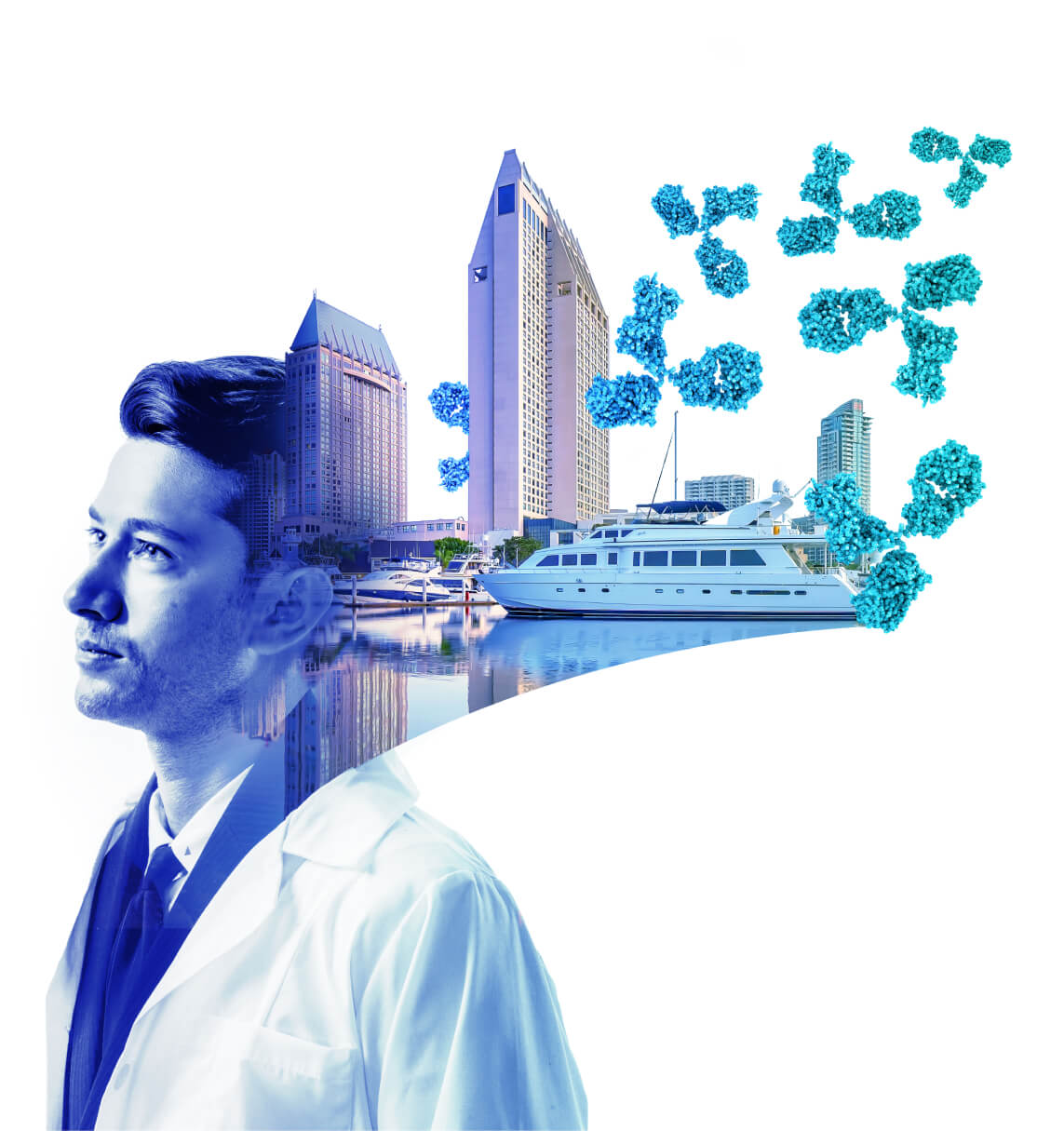 Graphic artwork of a person in a lab coat combined with an image of the local harbor area and cells